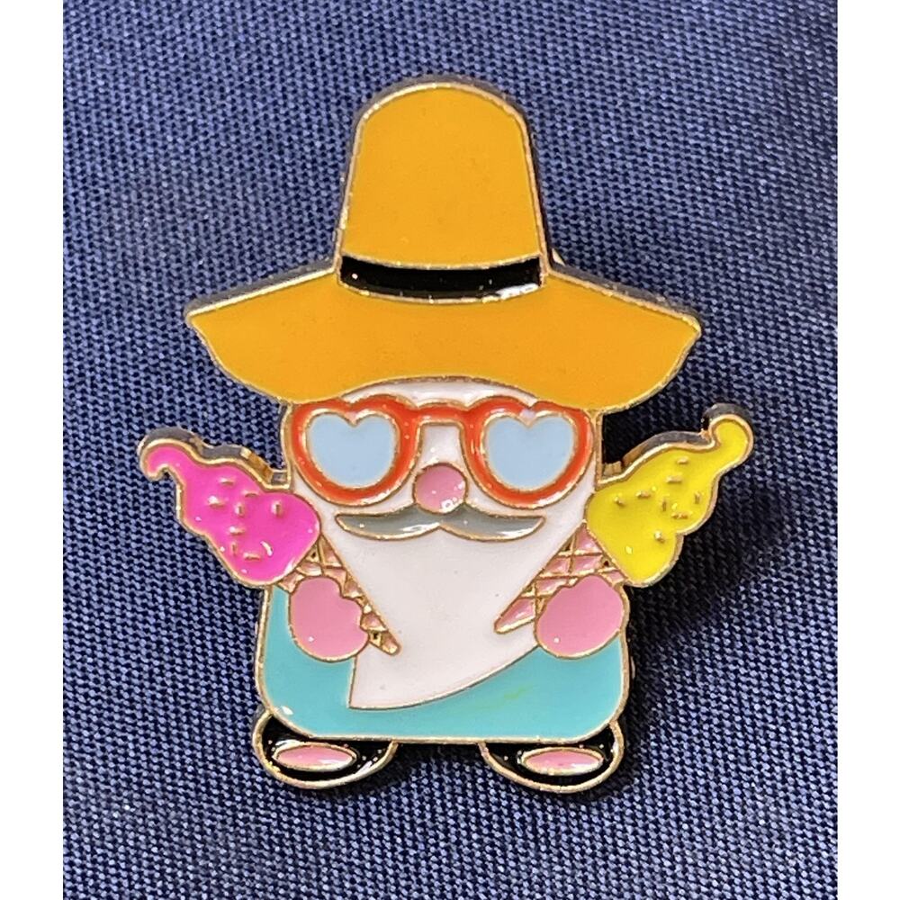 NWOT Ice Cream Gnome Brooch Lapel Pin Enamel Multicolor Gold Toned Summer Beach